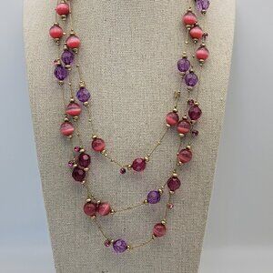 Pink Cat Eye Purple Crystal  Station Necklace 63 Inch Gold Tone Flapper Opera